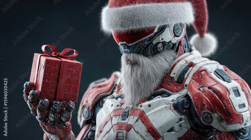 Poster a futuristic android santa claus holds a gift box. the robot features a red and white design with a 