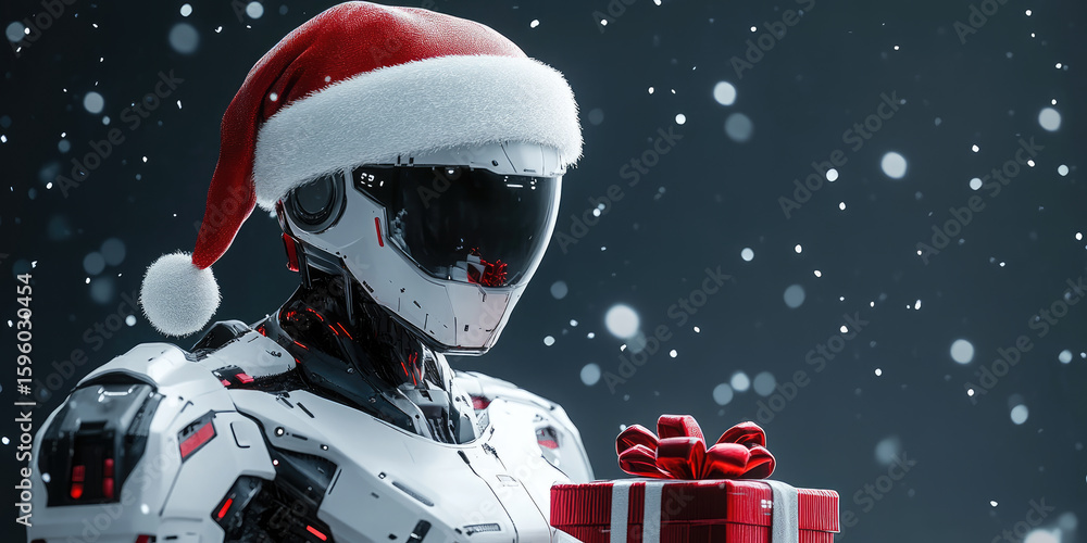 Poster a futuristic android santa claus holds a gift box. the robot features a red and white design with a 