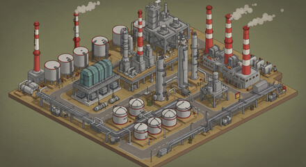 Isometric Illustration of a Detailed Industrial Complex with Pipes and Tanks.