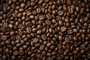 Fototapeta premium Roasted coffee beans background in high detail showing texture, aroma, and richness for cafe and beverage branding
