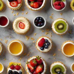 Dessert Flat Lay with Colorful Tarts and Berries on Marble