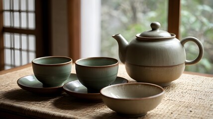Green Ceramic Teapot and Cups with Soft Window Light
