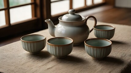 Traditional Teaware on Wooden Surface with Natural Lighting