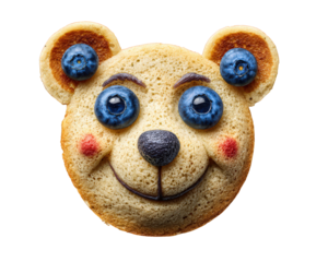 Smiling pancake bear with blueberry eyes, cute breakfast food, creative morning meal, fun animal face, sweet snack for children