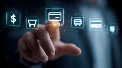 close up of hand selecting payment icon on holographic