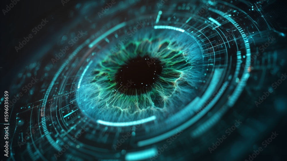 Poster exploring ai technology with biometric eye scans and fingerprint recognition systems