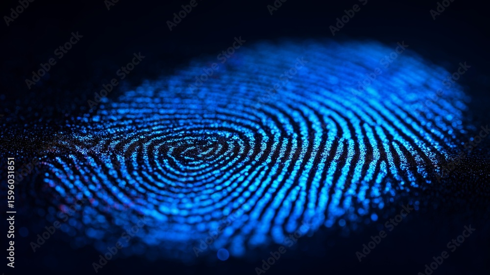 Poster biometric data visualization of a blue fingerprint on a dark surface showing intricate patterns