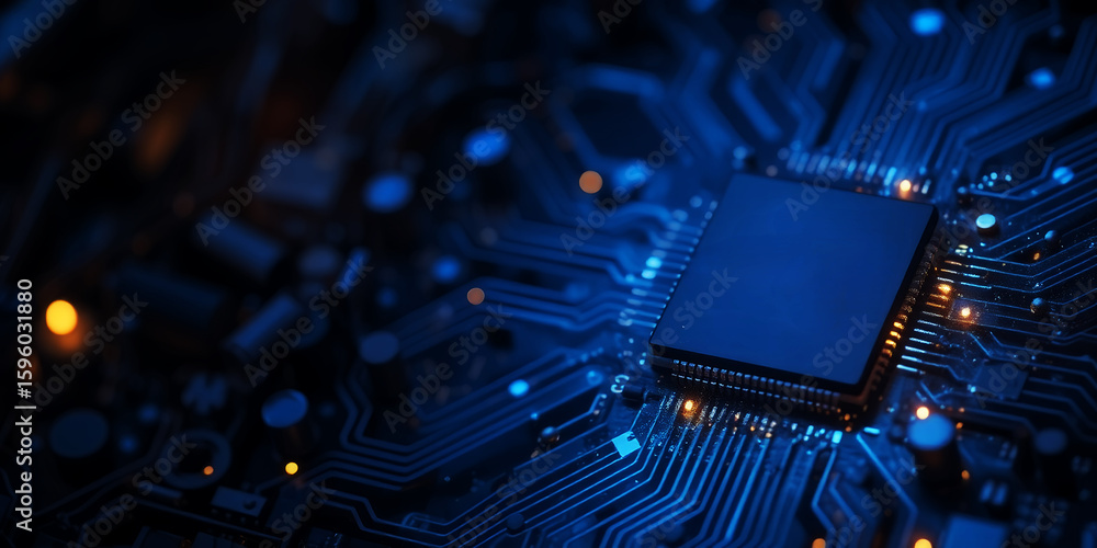 Poster a close up view of a dark blue computer chip with intricate wiring and small lights on transparent b