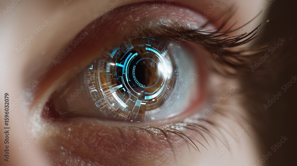 Poster close-up view of biometric technology showcasing an advanced eye scanning system with digital patter