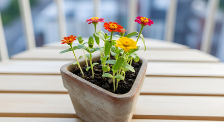 Bright Zinnia Blooms in Terra Cotta Pot Fresh Floral Charm on Wooden Chair