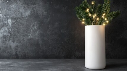 Elegant interior featuring a white vase with glowing branches against a dark wall