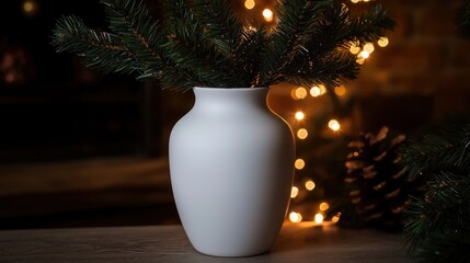 Christmas aesthetic with festive lights and a white vase filled with greenery