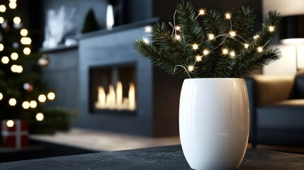 Elegant Christmas Home Interior with Modern Fireplace and Festive Decorations