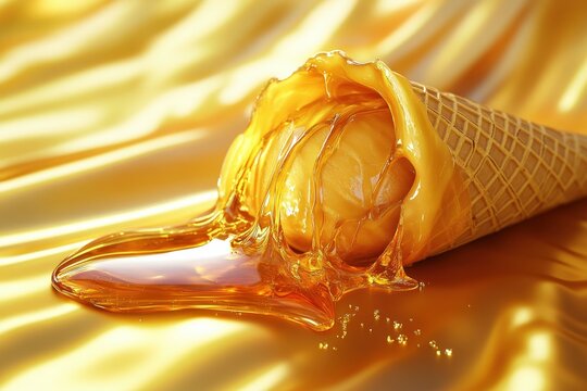 Melted ice cream cone with dripping honey-like substance on a golden surface.