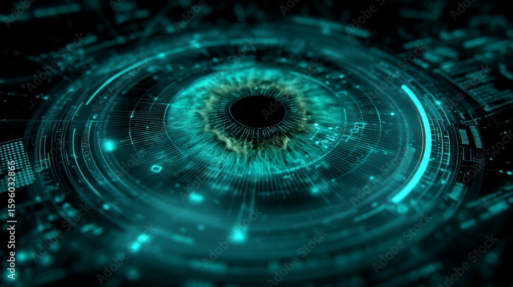 Poster exploring biometric technology through digital eye and fingerprint representations