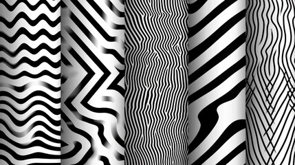 Optical illusions with abstract black and white lines creating mesmerizing designs