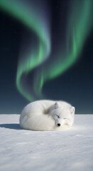 Arctic Fox Sleeping Beneath Aurora Borealis A Serene Winter Scene under Colorful Northern Lights in a Snowy Landscape
