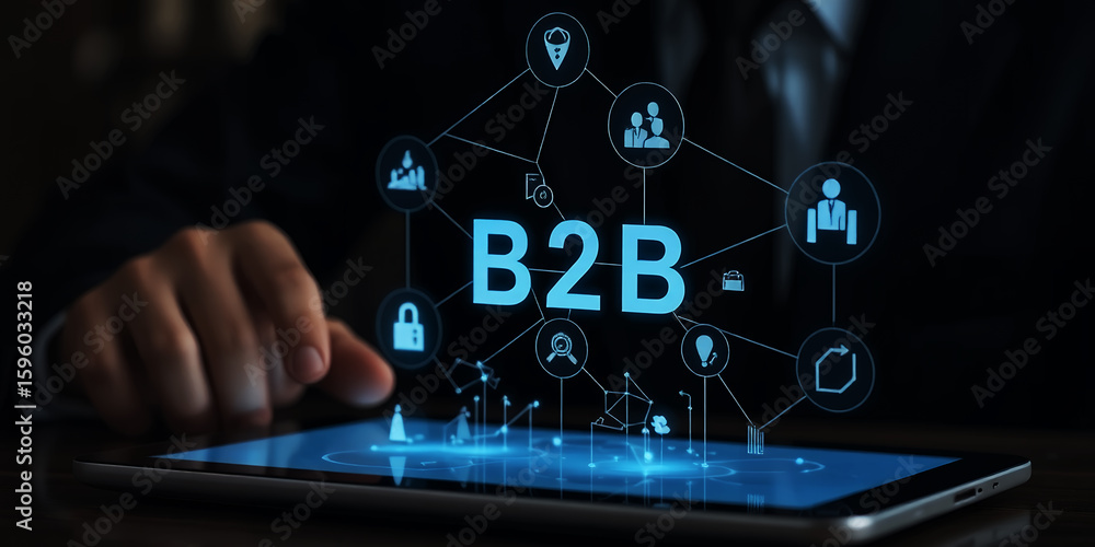 Poster a person using a tablet displaying a b2b network with connected business icons on screen on transpar