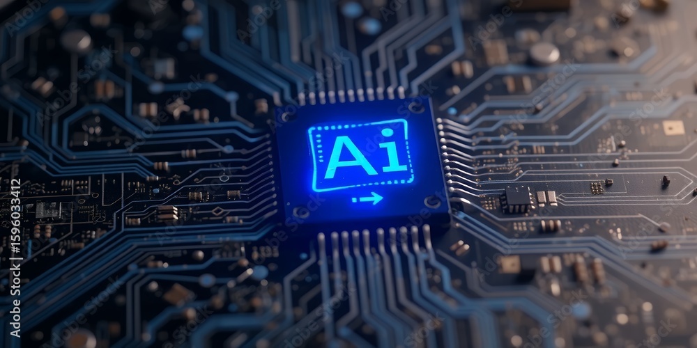 Poster a close up of a blue ai chip on a circuit board with intricate connections visible around it on tran