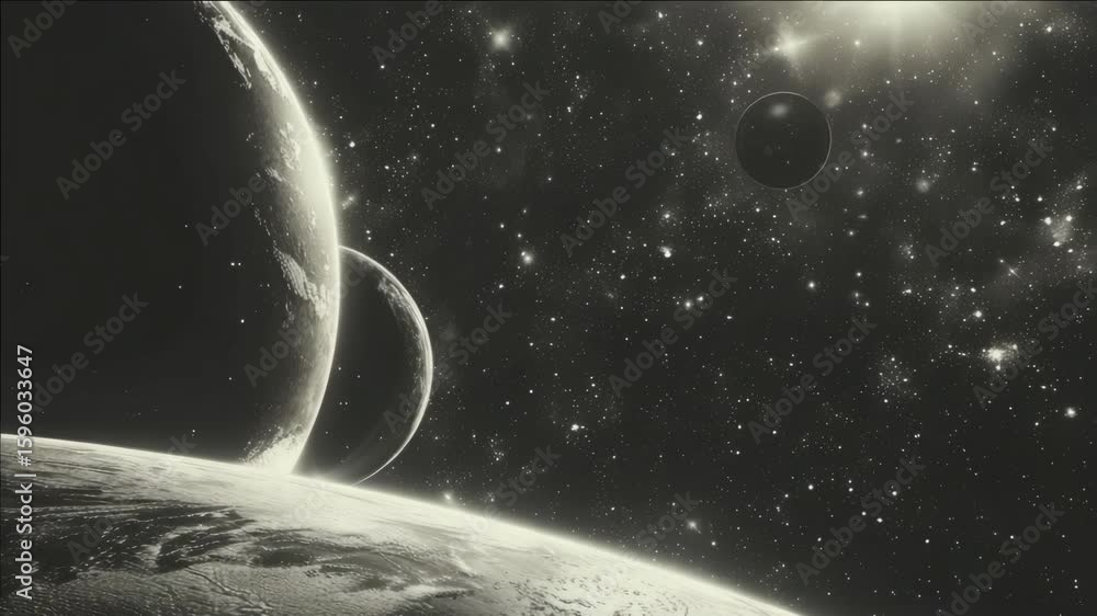 Aufkleber digital artwork of a moon surface with distant planets and stars in a galaxy setting.