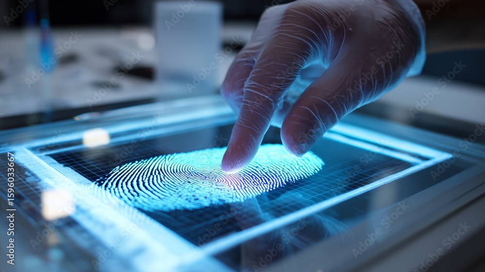 Poster understanding biometric technology through fingerprint scanning and eye tracking in a modern lab set