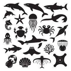 Obraz premium Variety of marine animals including dolphins, sharks and starfish in black and white