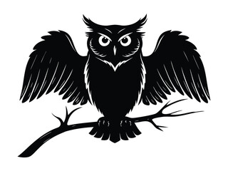 Perched Owl Silhouette on Twig Illustration