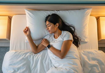 A young indian woman wearing a smartwatch sleeps peacefully in bed, highlighting concepts of sleep tracking, health monitoring