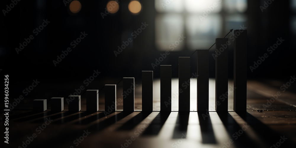 Poster ascending bar graph silhouette with shadows on a dark surface in a dim setting on transparent backgr