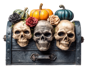 Three realistic skulls with colorful roses and pumpkins on dark vintage chest create spooky Halloween decoration with eerie and festive atmosphere