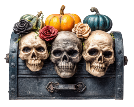 Three realistic skulls with colorful roses and pumpkins on dark vintage chest create spooky Halloween decoration with eerie and festive atmosphere
