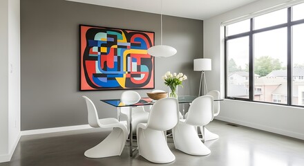 Modern Dining Room with Abstract Art Bright Space and Stylish Seating in a Home Interior