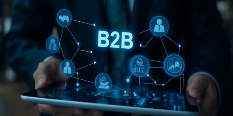 Business concept with b2b network on tablet held by a person in a dark suit jacket on transparent background
