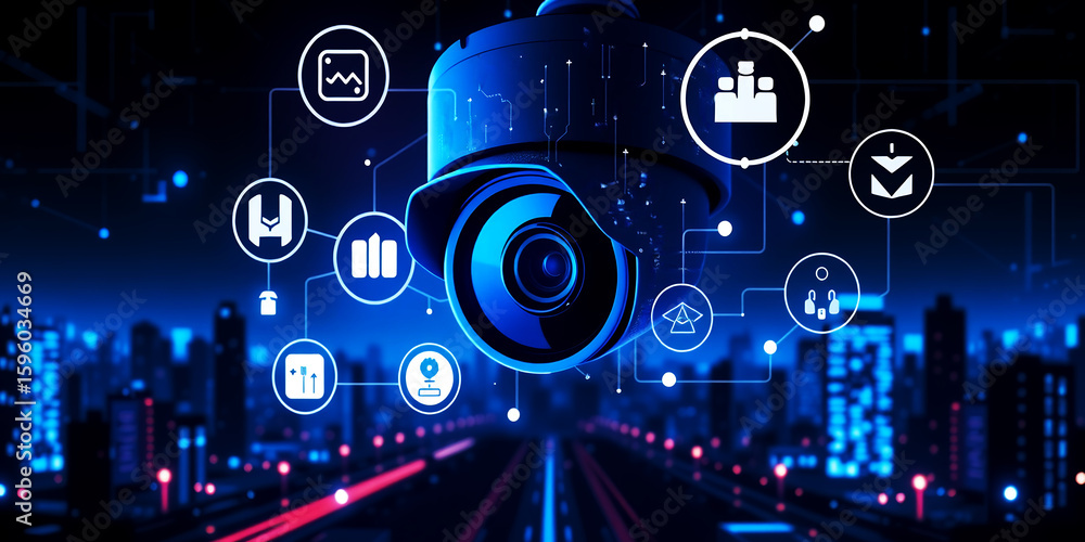 Poster a security camera with icons floating in front of a city skyline at night time scene on transparent 