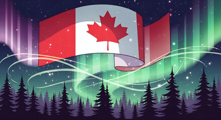 Vibrant Aurora Borealis and National Pride A Symbolic Canadian Landscape Under the Northern Lights