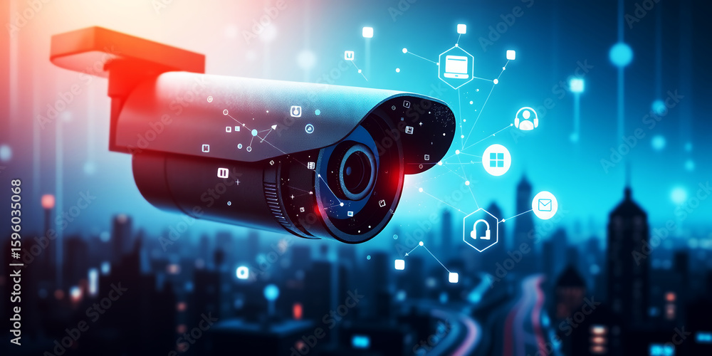 Poster a security camera overlooking a city with connected network icons in a blue atmosphere on transparen