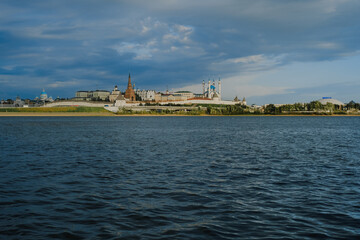 Panoramic summer shot from above of Kazan Kremlin. Tatarstan, Russia. Capital of the Republic of Tatarstan. City centre and landmark line with sunny weather. Sights, churches and mosque Kul-Sharif.
