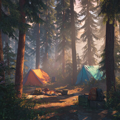 camping in the forest in the morning
