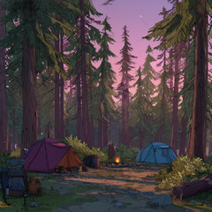camping in the woods on the sunset