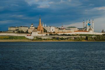 Panoramic summer shot from above of Kazan Kremlin. Tatarstan, Russia. Capital of the Republic of Tatarstan. City centre and landmark line with sunny weather. Sights, churches and mosque Kul-Sharif.
