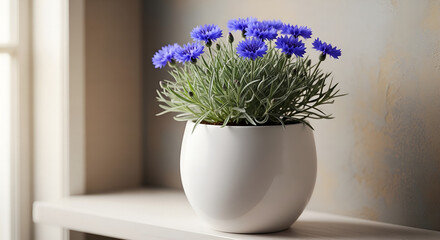 Vibrant Blue Cornflowers in a White Pot A Simple and Elegant Floral Arrangement for Home Decor