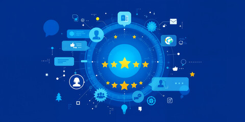 Illustration of stars and icons on a blue background representing customer feedback on transparent background