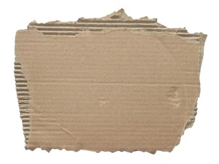 Minimalist torn brown cardboard piece isolated on white background. Torn cardboard with uneven edges. Piece of textured and corrugated cardboard. Top view of recycled cardboard texture.
