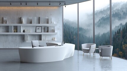 Modern Minimalist Office Reception Area With Mountain View