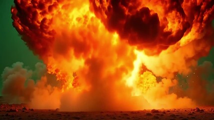 Fiery explosion erupts on barren landscape under an eerie green sky, creating a dramatic scene