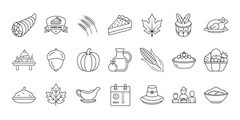 Thanksgiving icon set. Vector illustration of autumn harvest foods, desserts, and Thanksgiving-themed elements with editable strokes.