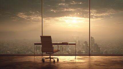 Empty Executive Office With Cityscape Sunset View