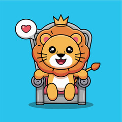 Clean and modern vector  cute lion king cartoon illustration sitting on throne with heart bubble vector art for kids and design