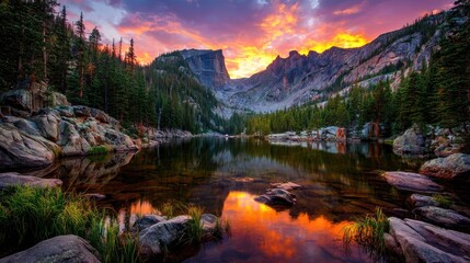 Colorful sunset over a serene mountain lake.