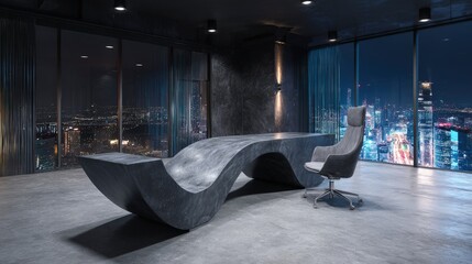 Modern Concrete Curved Desk In Night City Office